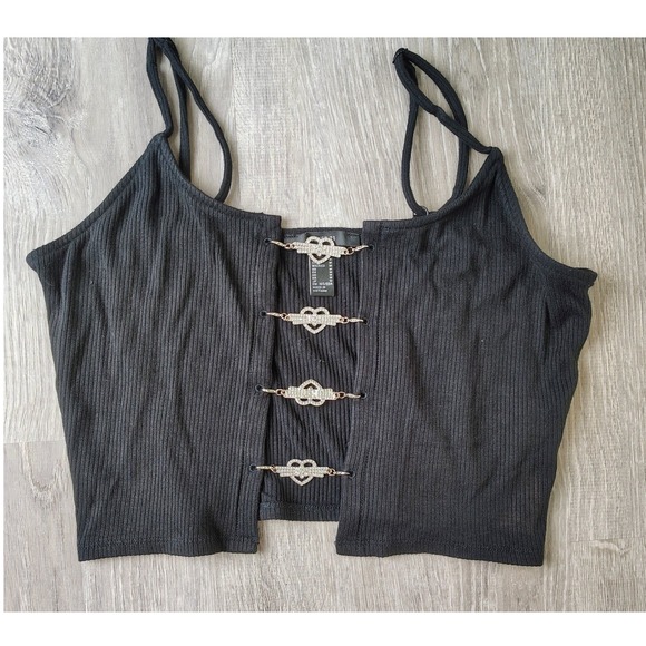 Forever 21 Tops - Forever 21‎ Black Ribbed Halter Crop Top Rhinestone Chain Detail Size Medium